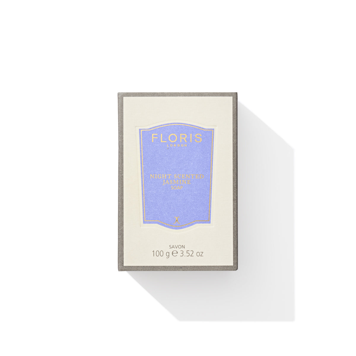 A 100g box of Floris London Night Scented Jasmine Soap, featuring a purple label and shadow on a white background.