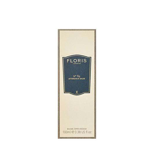 Floris London's No. 89 hydrating aftershave balm in a beige box with a blue label, a classic English gentleman's fragrance, 100ml size.