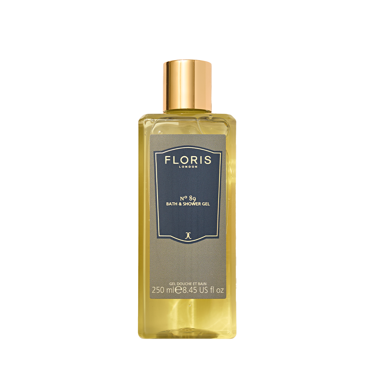 Transparent 250ml bottle of Floris London's No. 89 Bath & Shower Gel with a gold cap, blue label, infused with rich olive oil essence.
