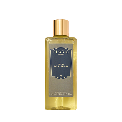 Transparent 250ml bottle of Floris London's No. 89 Bath & Shower Gel with a gold cap, blue label, infused with rich olive oil essence.