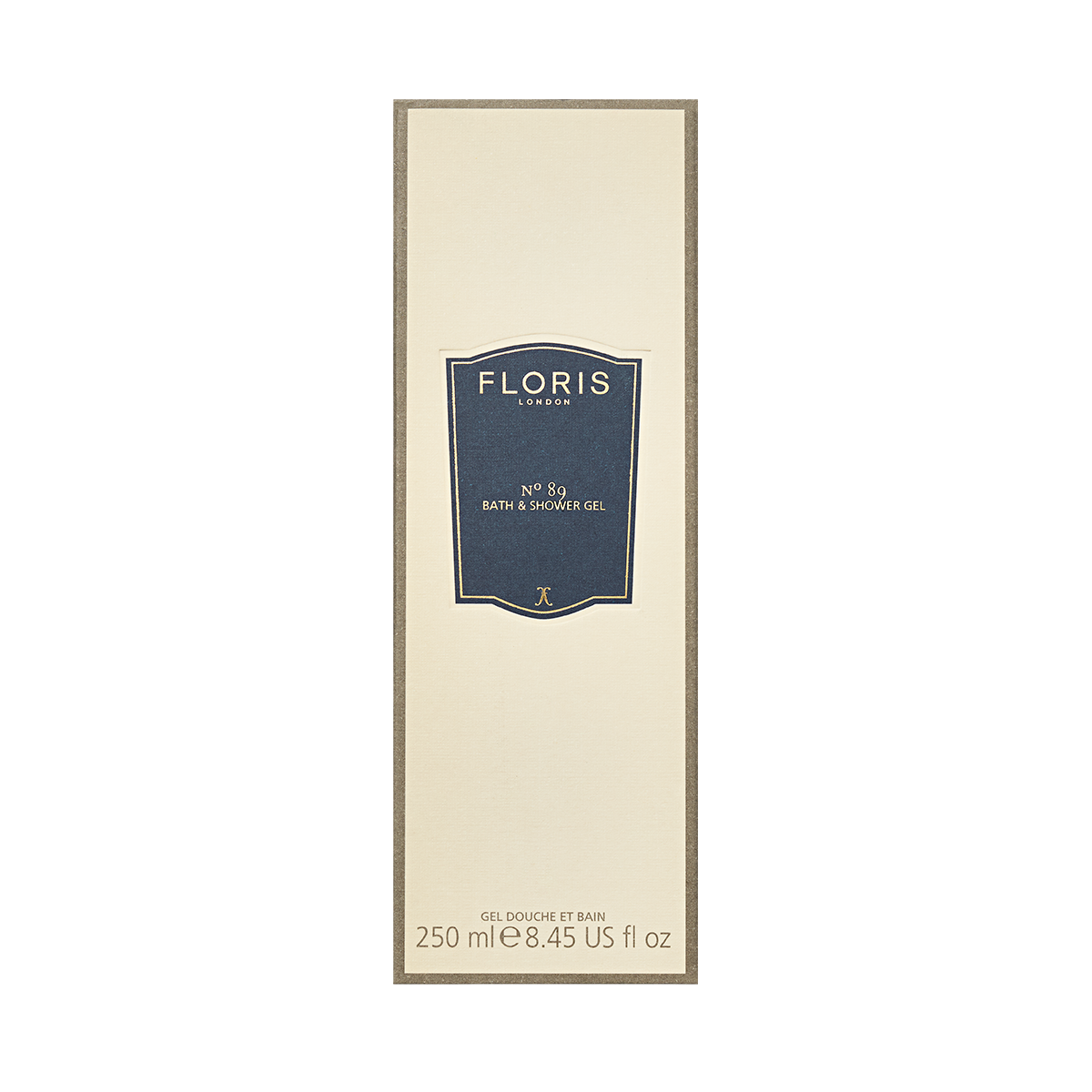 Floris London's No. 89 Bath & Shower Gel, 250ml, arrives in a cream box with a blue label, embodying the fragrance of an English gentleman.