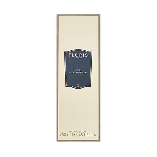 Floris London's No. 89 Bath & Shower Gel, 250ml, arrives in a cream box with a blue label, embodying the fragrance of an English gentleman.