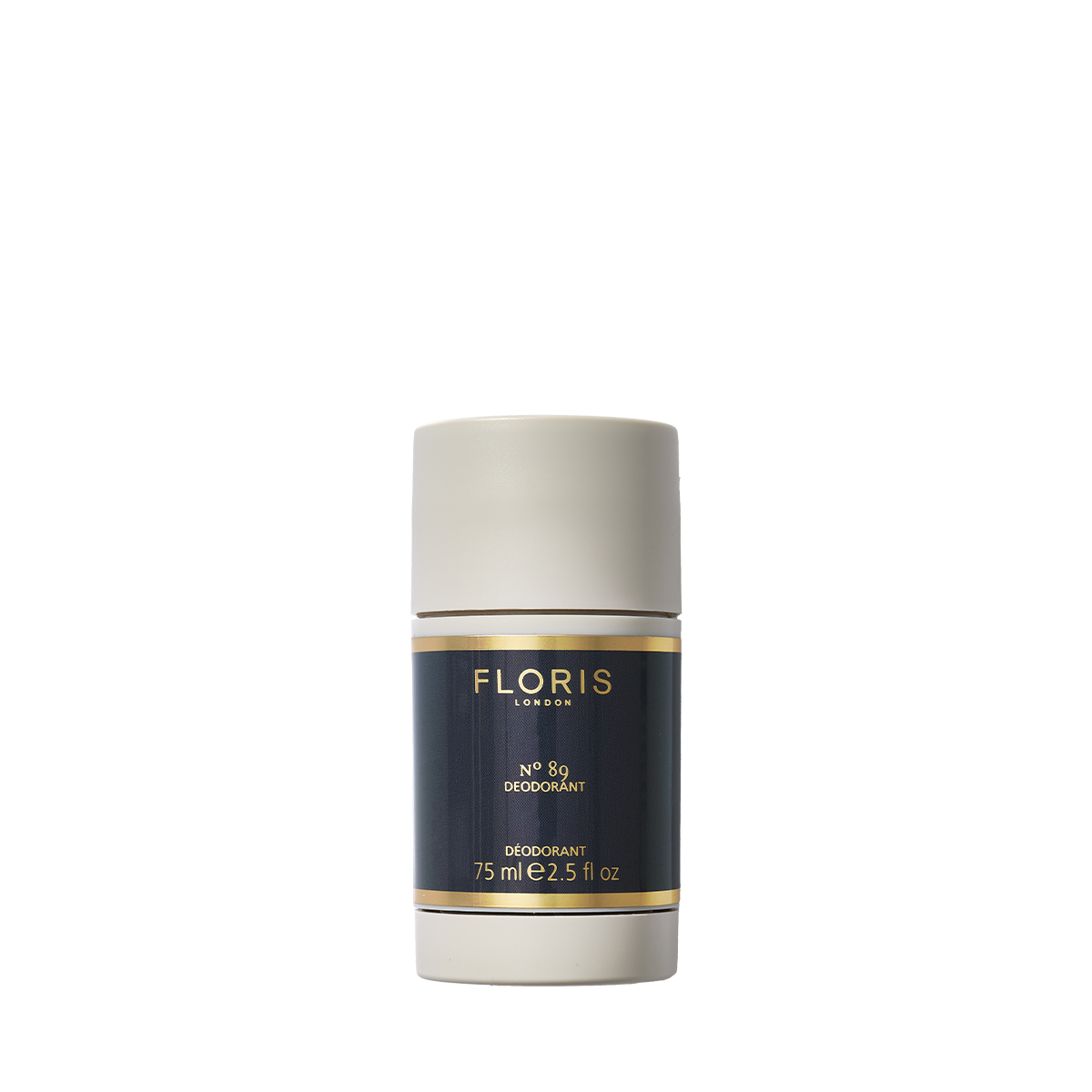 Floris London's No. 89 Deodorant Stick, 75ml, in cream and navy, is enriched with vitamin E for sensitive skin care.