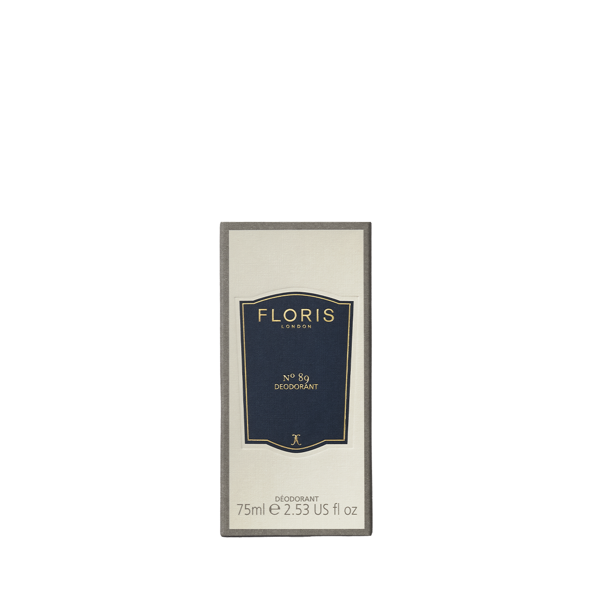 Floris London's No. 89 Deodorant Stick, 75ml, features a navy and gold label and is ideal for sensitive skin.