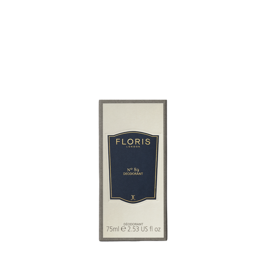 Floris London's No. 89 Deodorant Stick, 75ml, features a navy and gold label and is ideal for sensitive skin.
