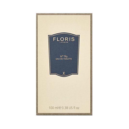 Floris London's No. 89 Eau de Toilette is a signature fragrance for gentlemen, available in 100ml packaging with a beige box and navy label.