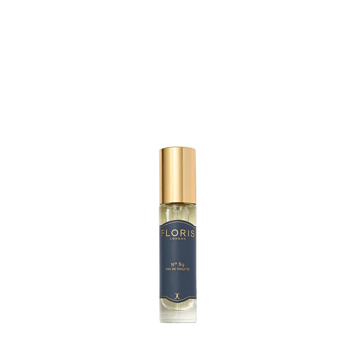 A small bottle of Floris London's No. 89 Eau de Toilette with a gold cap and dark blue label, ideal as a gentleman's signature scent.