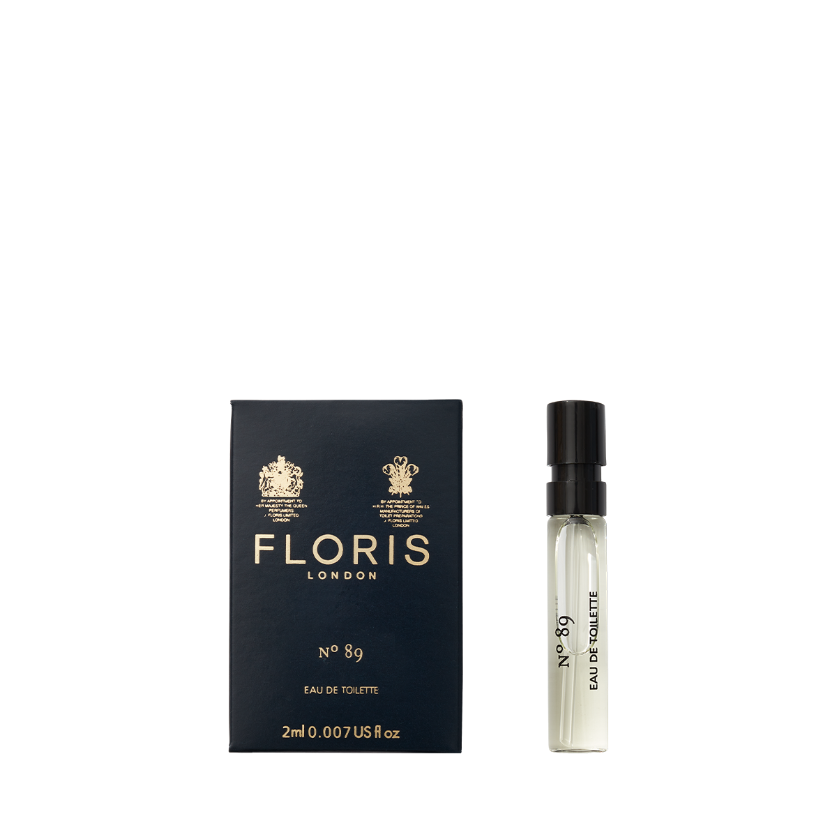 The 2ml spray vial of Floris London's No. 89 Eau de Toilette sits elegantly next to its navy blue box.