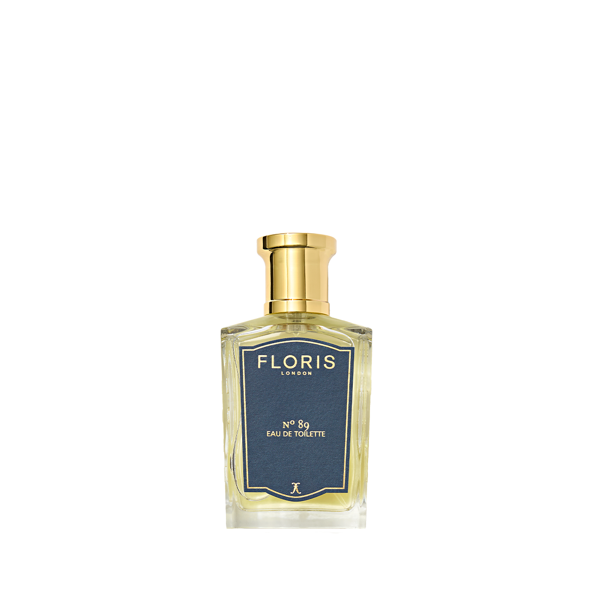 A Floris London No. 89 Eau de Toilette bottle, a signature gentleman's fragrance, has a gold cap and dark label on its clear glass.