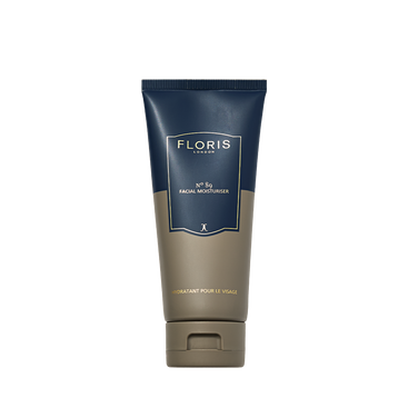 A tube of Floris London No. 89 - Moisturiser with a blue and beige design, featuring a lightweight formula enriched with blackcurrant oil.