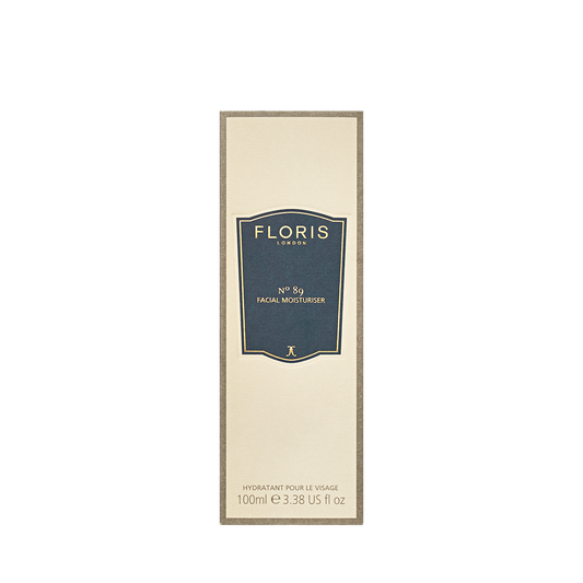 Floris London No. 89 Facial Moisturiser, 100ml, offers a lightweight formula with the signature scent in stylish beige and navy packaging.