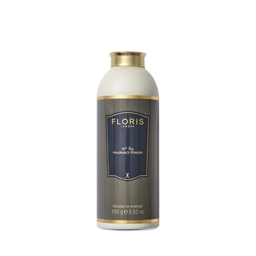 Floris London's No. 89 Fragrance Powder, 100g, boasts a luxurious gold and black label.
