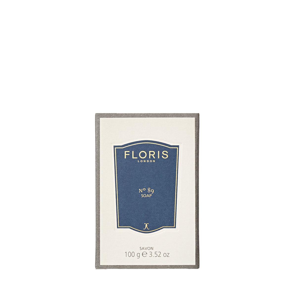 A blue and cream rectangular package of Floris London's No. 89 Soap, 100g, promises a rich and creamy lather.
