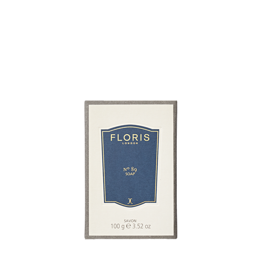 A blue and cream rectangular package of Floris London's No. 89 Soap, 100g, promises a rich and creamy lather.