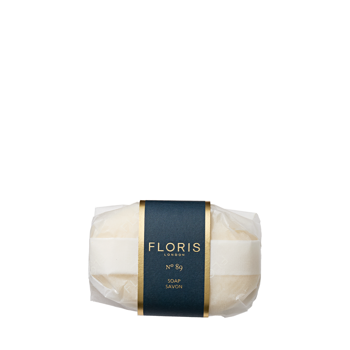 A bar of No. 89 Soap by Floris London, wrapped in translucent paper with an iconic dark blue label.