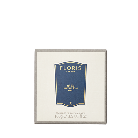 Floris London No. 89 Shaving Soap Refill, 100g, with a gentleman's fragrance, is styled with a blue label on a white background.