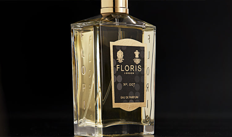 Up close image of Floris London No. 007 Eau de Parfum with a Black background