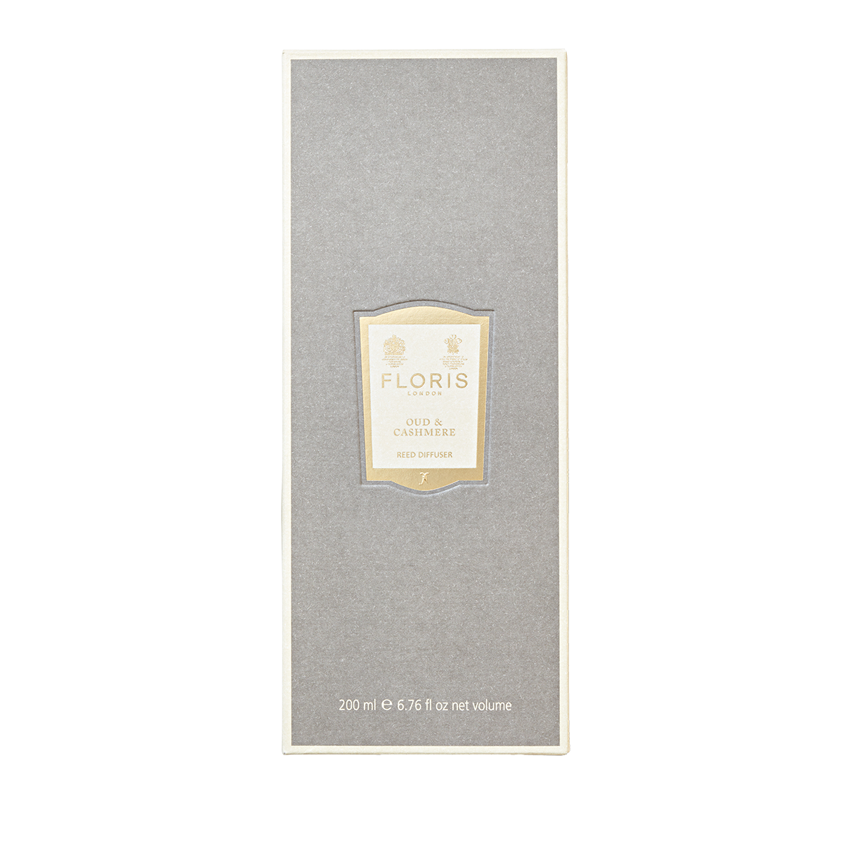Floris London Oud & Cashmere 200ml reed diffuser in a gray rectangular box delivers an elegant home fragrance blend.