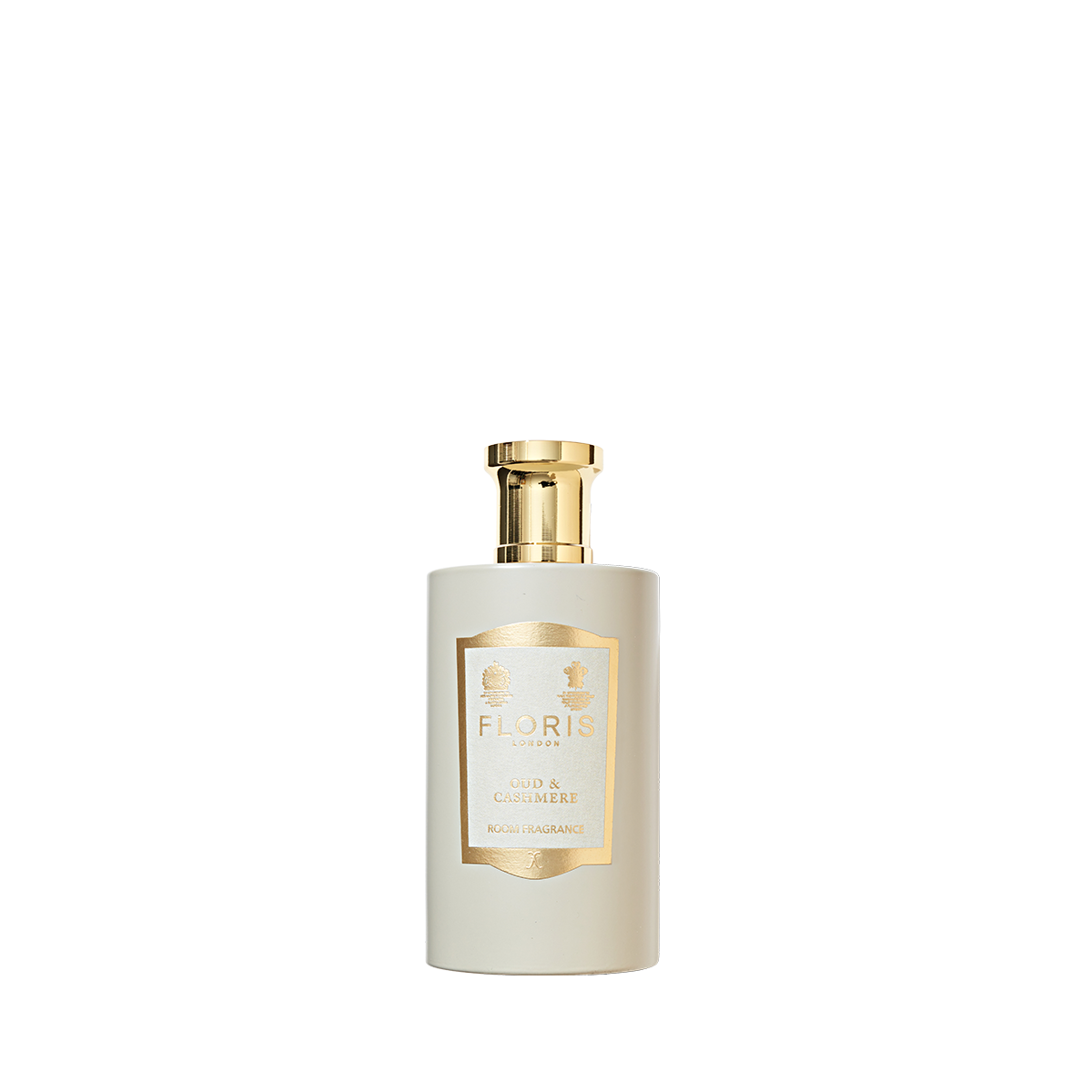 Floris London's "Oud & Cashmere" room fragrance in a white bottle with a gold label and cap exudes luxury.