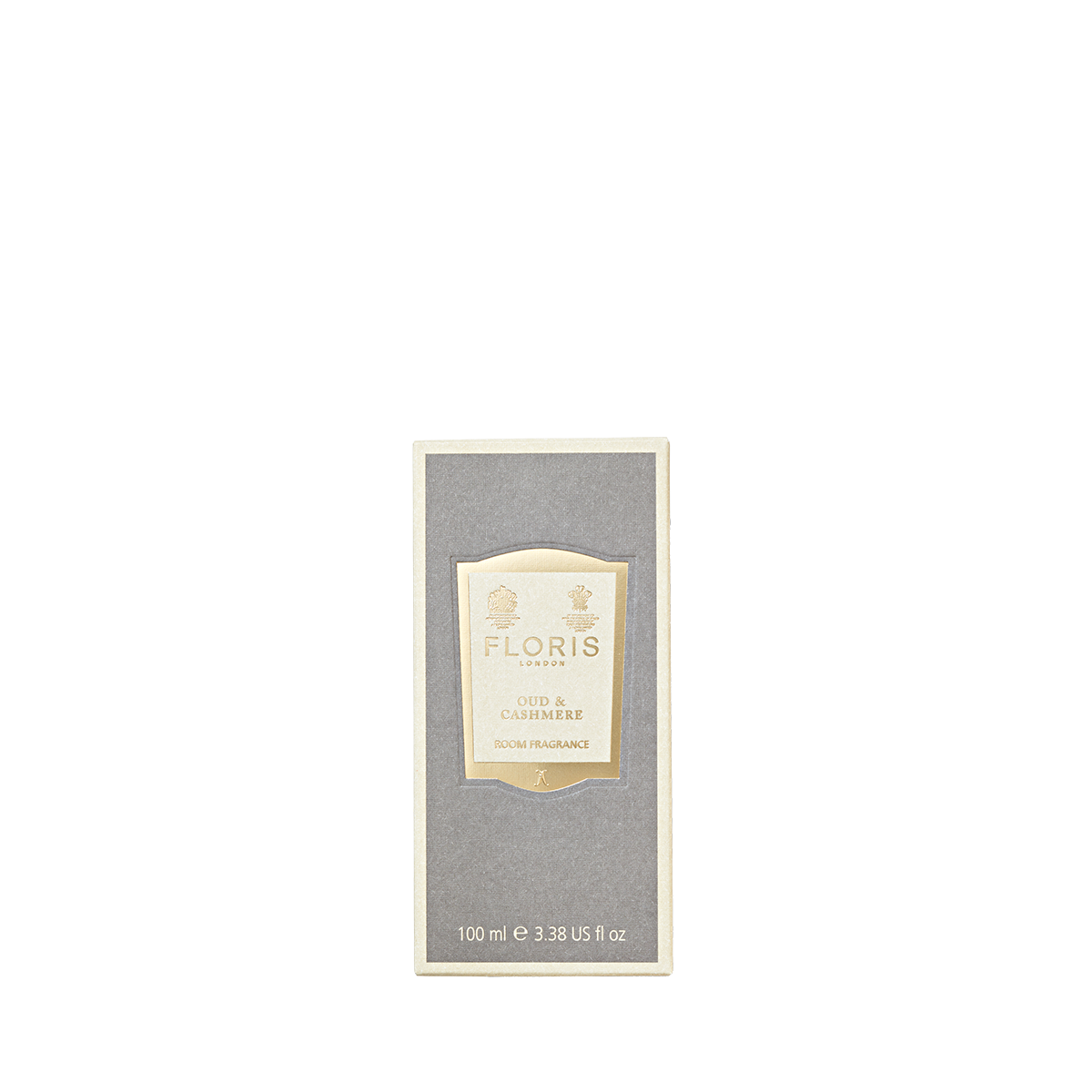 Gray Floris London "Oud & Cashmere" Room Fragrance with a gold and white label, featuring a 100ml bottle.