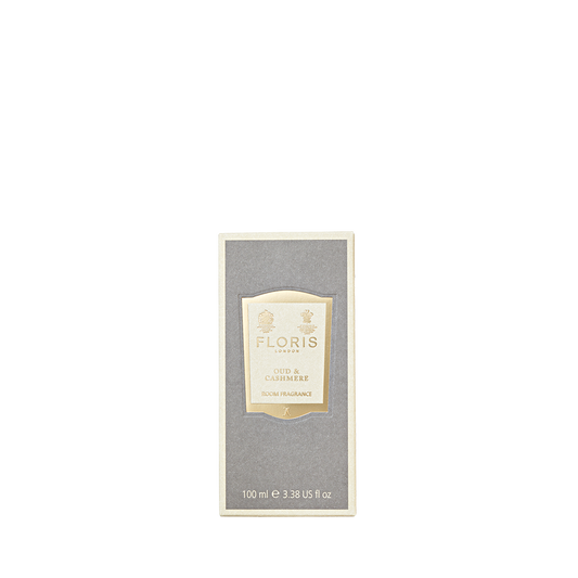 Gray Floris London "Oud & Cashmere" Room Fragrance with a gold and white label, featuring a 100ml bottle.