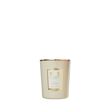 Floris London Oud & Cashmere Scented Candle 175g in cream with a gold rim and label, displayed on a white background.