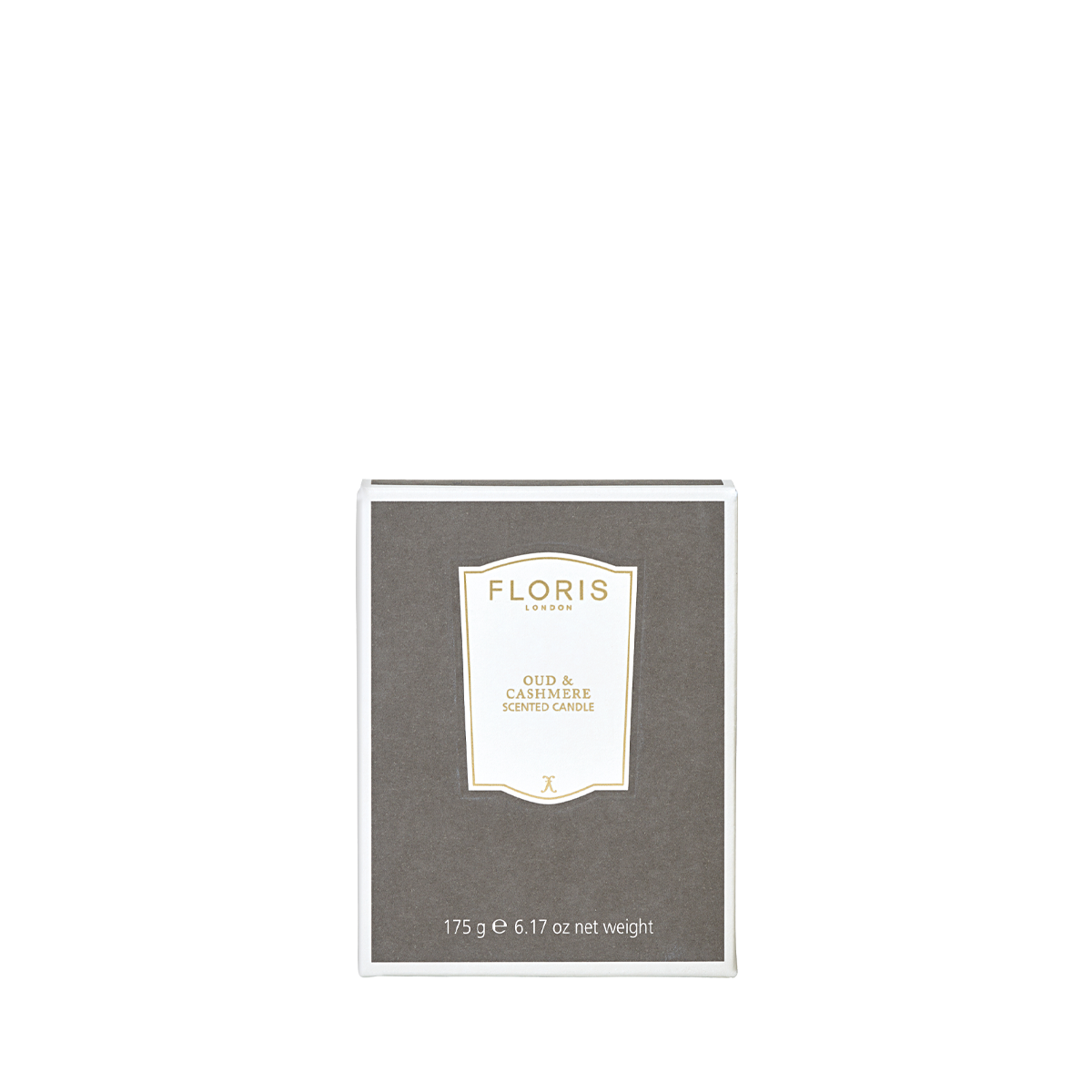 A gray Floris London Oud & Cashmere Scented Candle 175g, with white trim and gold-accented label—perfect to elevate your home fragrance collection.