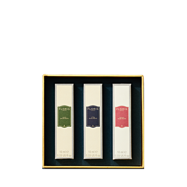Floris London's Perfumer's Trilogy: For Him features three British men's fragrances in a gold-edged box—an elegant festive season gift.