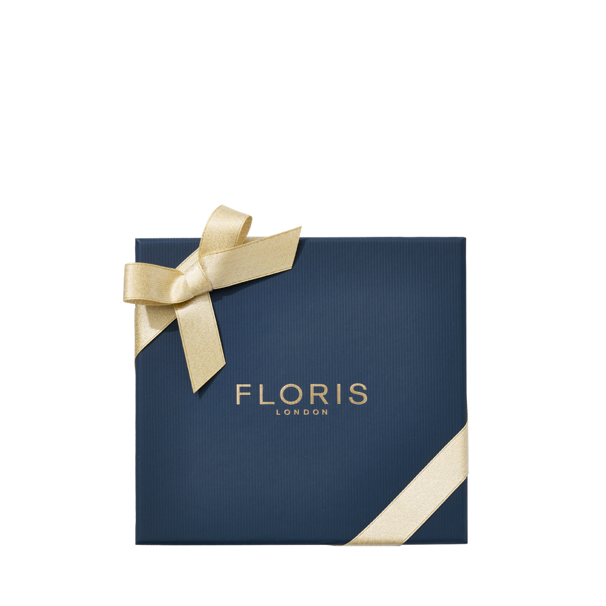 Navy gift box labeled "Floris London" with gold ribbon, ideal for the festive season, featuring the "Perfumer's Trilogy: For Him" British fragrances.