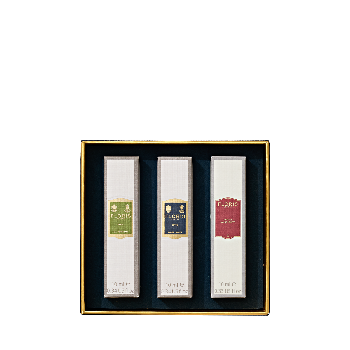 Floris London's Perfumer's Trilogy: For Him features three boxed vials in a black and gold gift box with distinct labels, inspired by classic British men's fragrances.