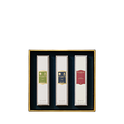 Floris London's Perfumer's Trilogy: For Him features three boxed vials in a black and gold gift box with distinct labels, inspired by classic British men's fragrances.