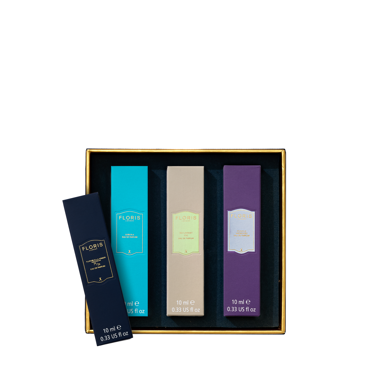 The Perfumer's Trilogy: Pick Your Own by Floris London is a customizable gift set in a black and gold box, with one bottle displayed elegantly outside.