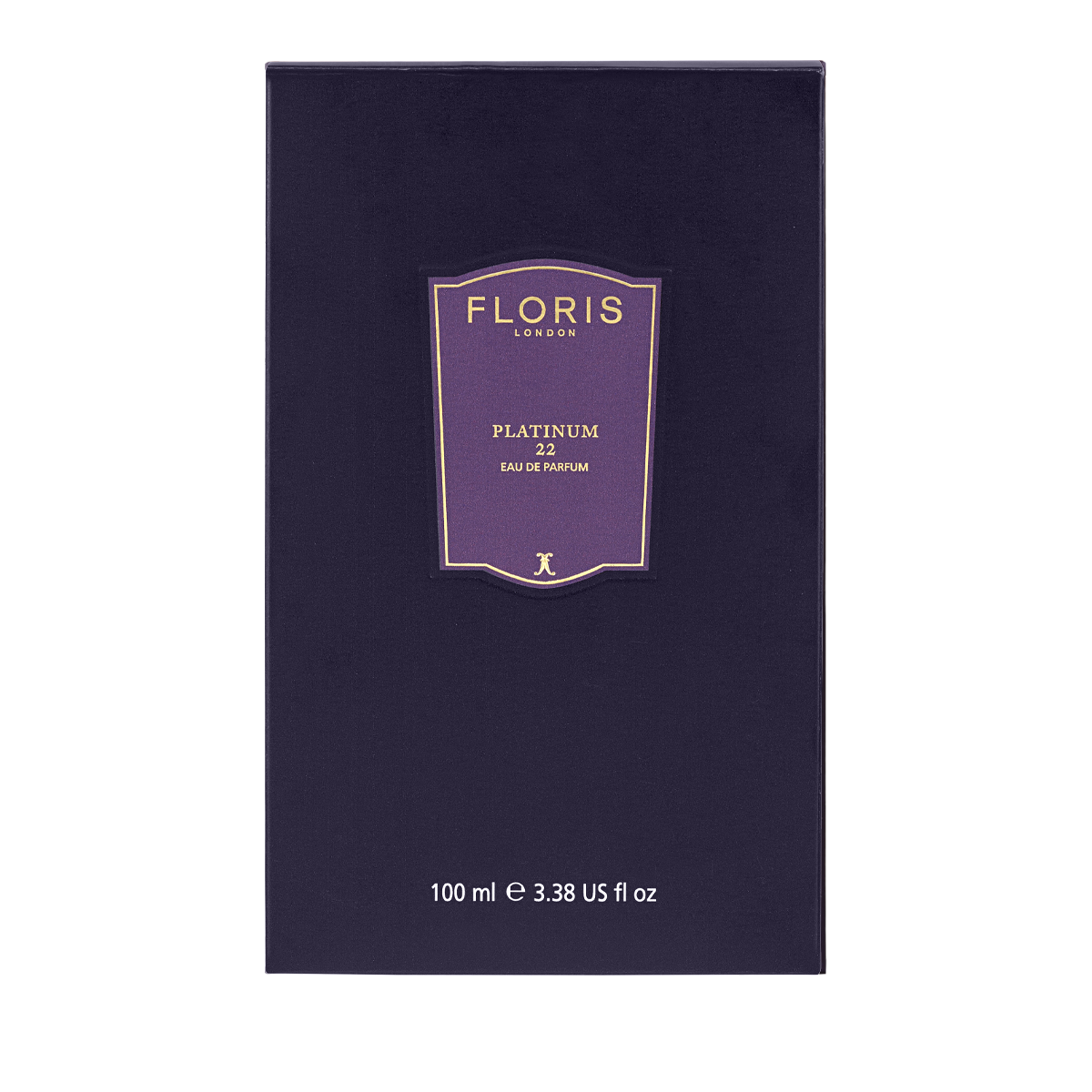 A dark purple 100ml Floris London Platinum 22 - Eau de Parfum box with gold text—an elegant, vegan fragrance choice.