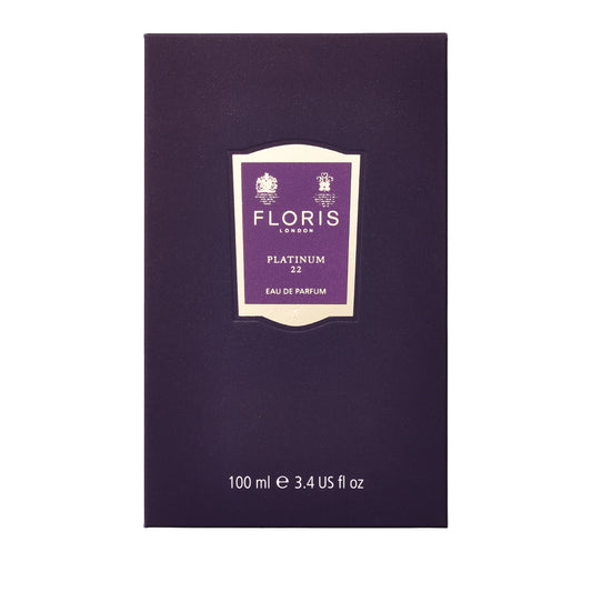 Dark purple Floris London box labeled "Platinum 22 - Eau de Parfum," vegan fragrance, 100 ml (3.4 US fl oz).