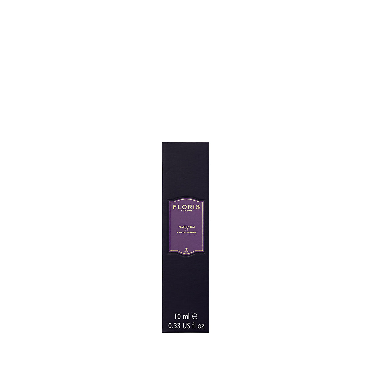 Black Floris London perfume box with a purple label, reading "Platinum 22." The Eau de Parfum elegantly shows size info at the bottom.