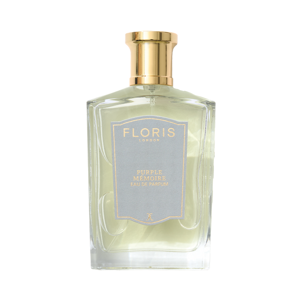 A sophisticated Floris London Purple Mémoire - Eau de Parfum in a glass bottle with a gold cap and a gray label.