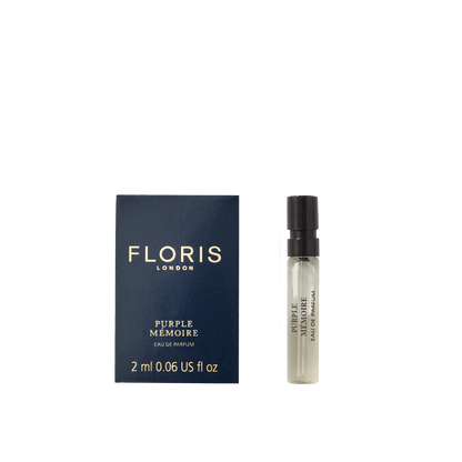 2 ml sample bottle and box of Floris London UK's Purple Mémoire Eau de Parfum, a sophisticated fragrance embodying English charm.