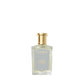 Clear glass bottle of Floris London UK perfume infused with sandalwood, gold cap, labeled "Purple Mémoire - Eau de Parfum.