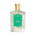 A clear glass bottle of Floris London UK Rose Geranium | Limited Edition Eau de Parfum with a gold cap and green label.