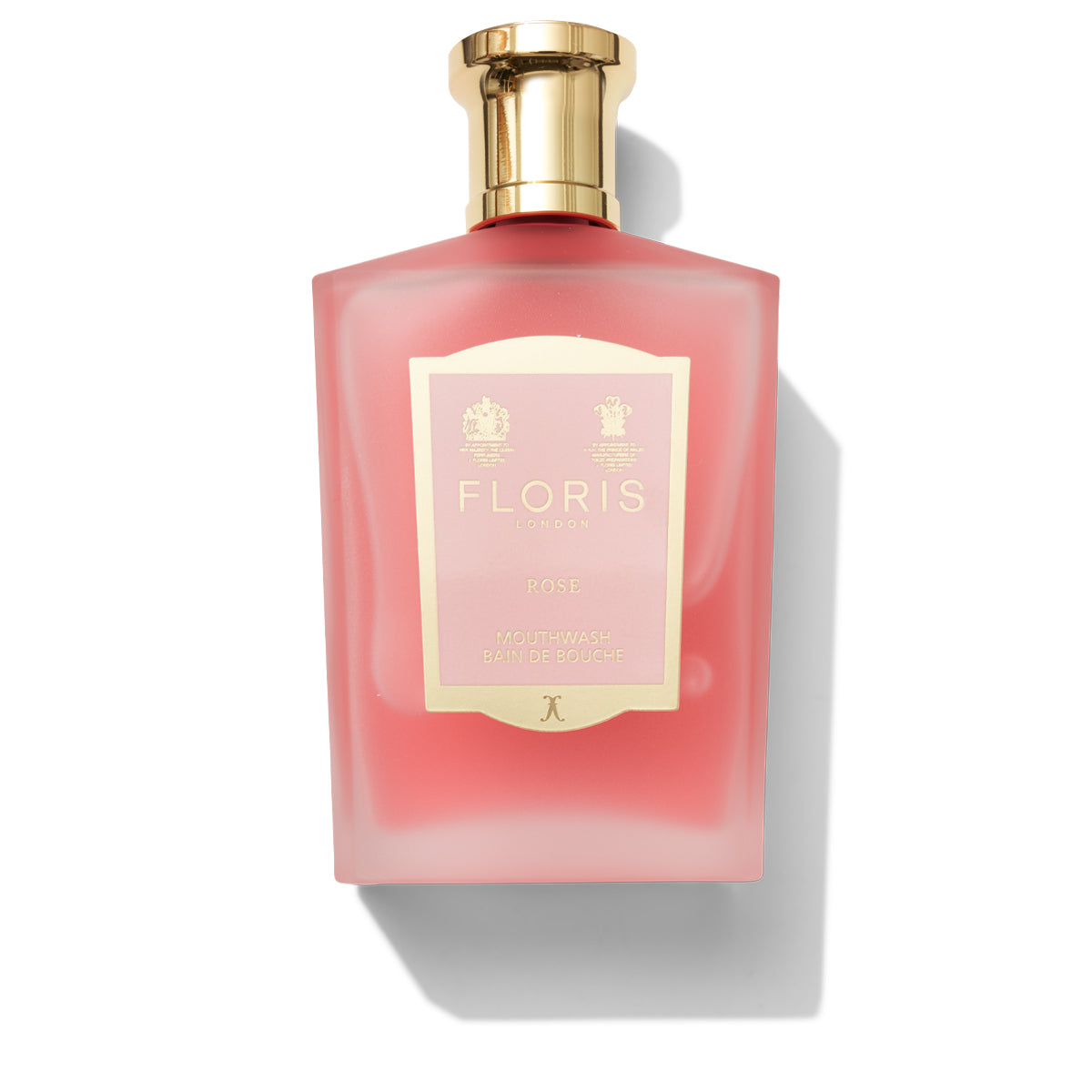 Floris london gold topped bottle with a pink liquid and pink label showing rose mouthwash