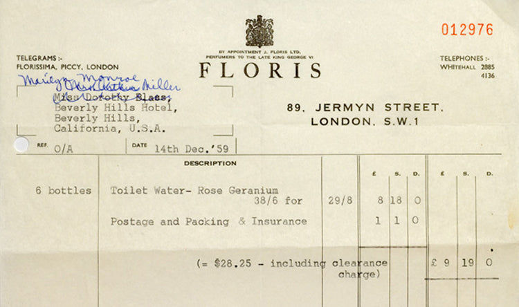 A receipt from 1959 showing Rose Geranium being bought by Marilyn Monroe