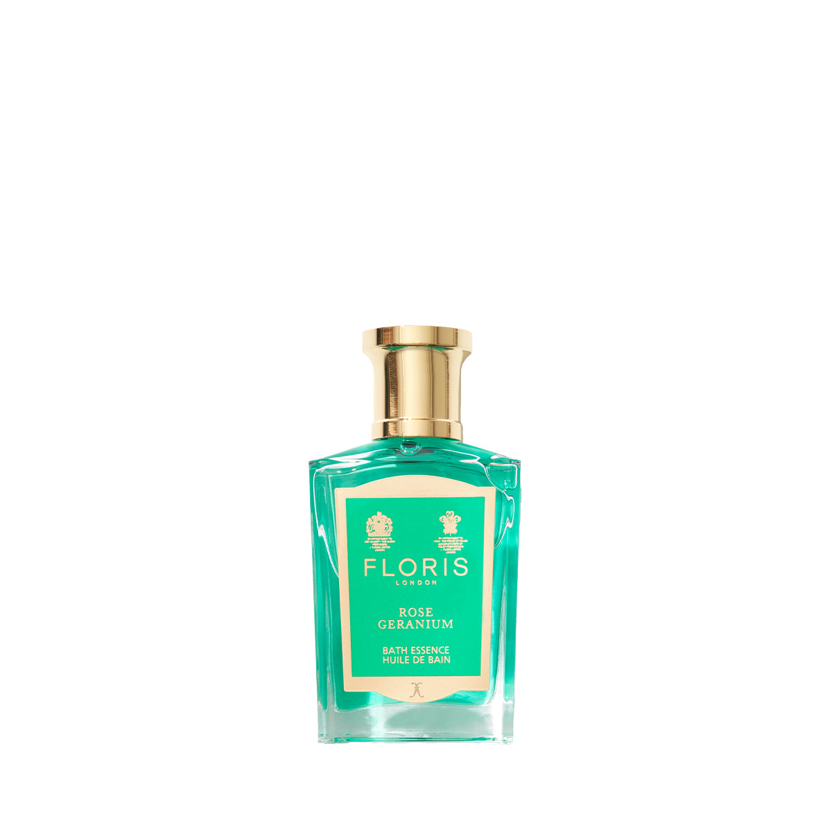 A Floris London Rose Geranium - Bath Essence bottle, featuring a golden cap, contains turquoise liquid enriched with skin-softening properties.