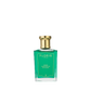A green glass bottle of Floris London Rose Geranium - Bath Essence, rich in concentrated fragrance, rests on a simple white background.