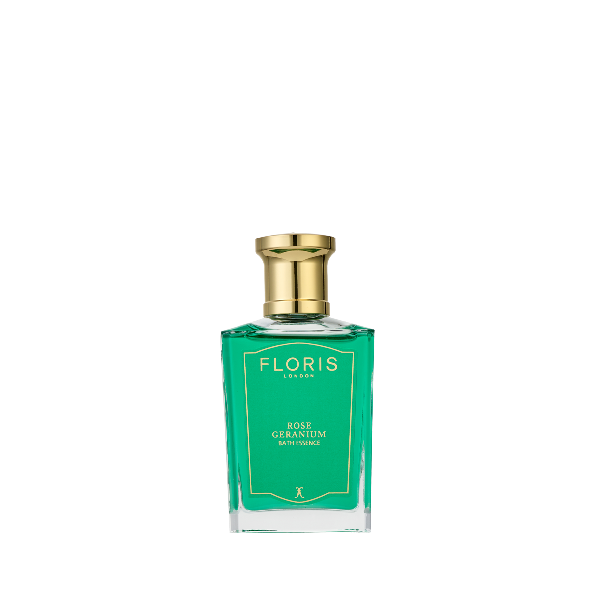 A green glass bottle of Floris London Rose Geranium - Bath Essence, rich in concentrated fragrance, rests on a simple white background.