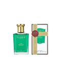 A glass bottle of Floris London Rose Geranium - Bath Essence next to its matching rectangular box.