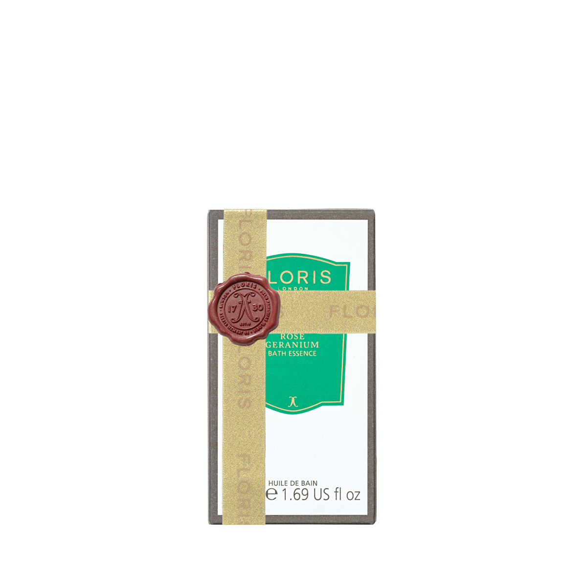 Rectangular bottle of Floris London Rose Geranium - Bath Essence wrapped in a gold ribbon with a dark red wax seal.