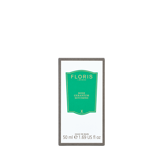 Floris London Rose Geranium - Bath Essence, 50 ml, blends concentrated perfume oils for a luxuriously scented bath. Green and white label.