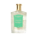 Transparent bottle with a gold cap, featuring a green "Floris London UK Rose Geranium" label, infused with cedarwood notes.