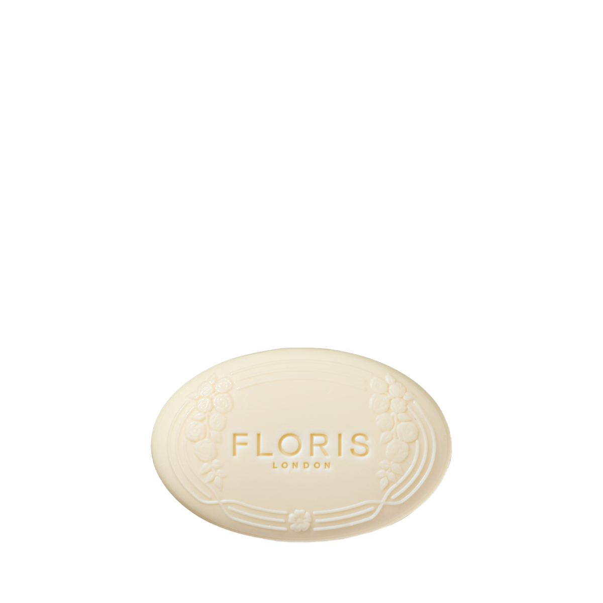 Oval Rose Geranium Soap by Floris London, vegetable-based with an embossed floral design and "FLORIS LONDON" text.