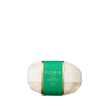Oval Rose Geranium Soap by Floris London, enriched with shea butter, wrapped in green.